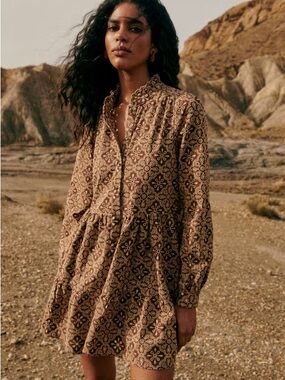 Sezane Hidaya Dress - Brown Printed Long-Sleeve Mini Dress